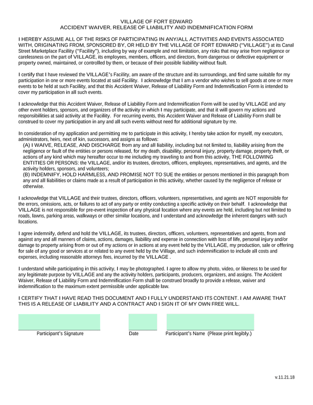 ACCIDENT WAIVER, RELEASE OF LIABILITY AND INDEMNIFICATION FORM screenshot