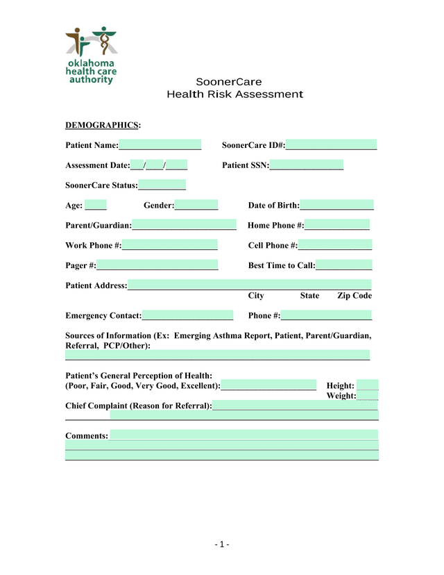 SoonerCare Health Risk Assessment screenshot