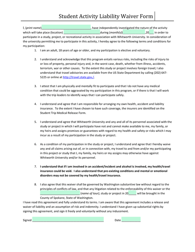 Student Activity Liability Waiver Form screenshot