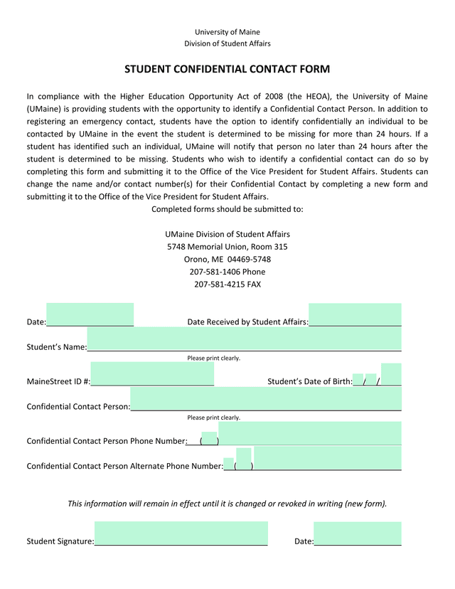 Student Confidential Contact Form screenshot