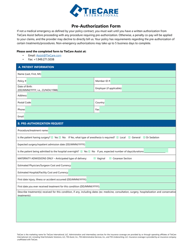 Pre Authorization Form screenshot