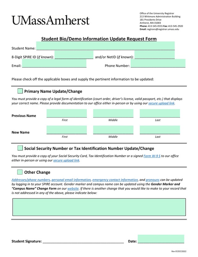 Student BioDemo Information Update Request Form screenshot