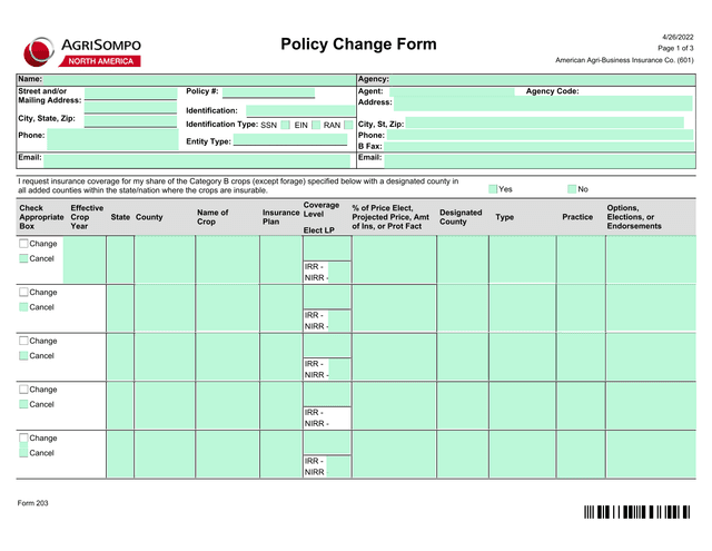 Policy Change Form screenshot