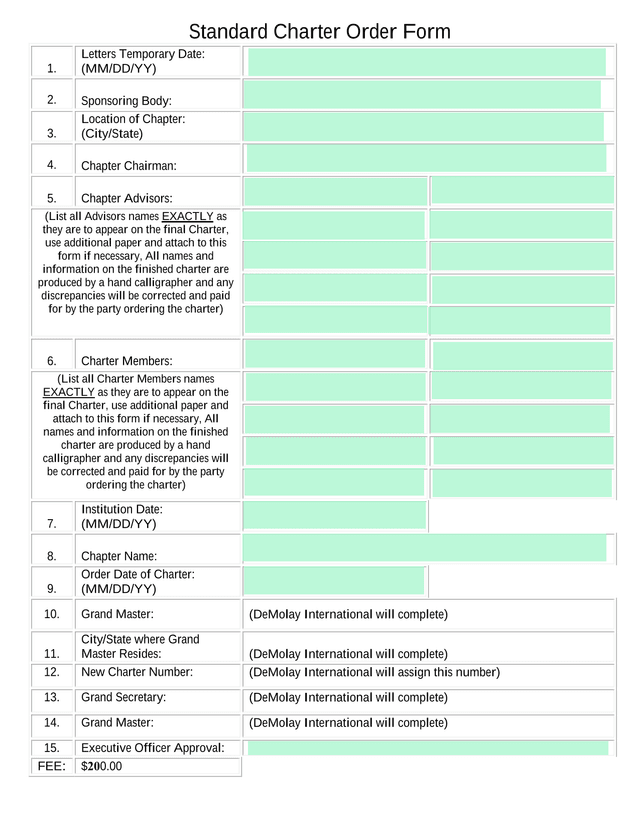 Standard Charter Order Form screenshot