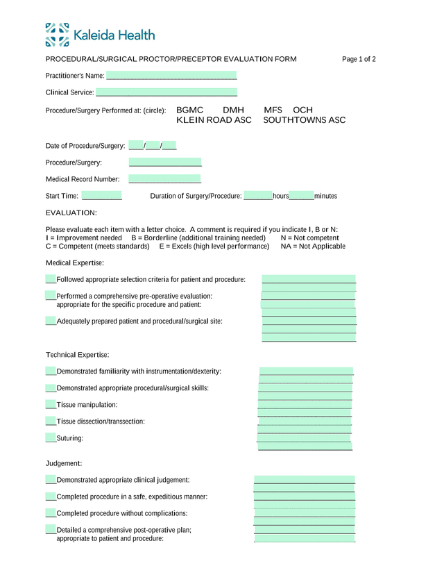 PROCEDURALSURGICAL PROCTORPRECEPTOR EVALUATION FORM screenshot