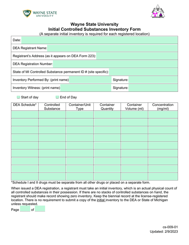 Initial Controlled Substances Inventory Form screenshot