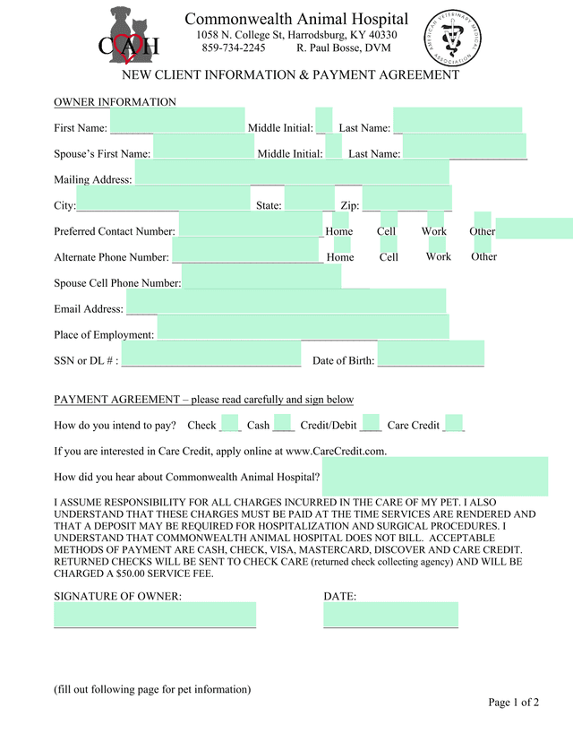NEW CLIENT INFORMATION  PAYMENT AGREEMENT screenshot