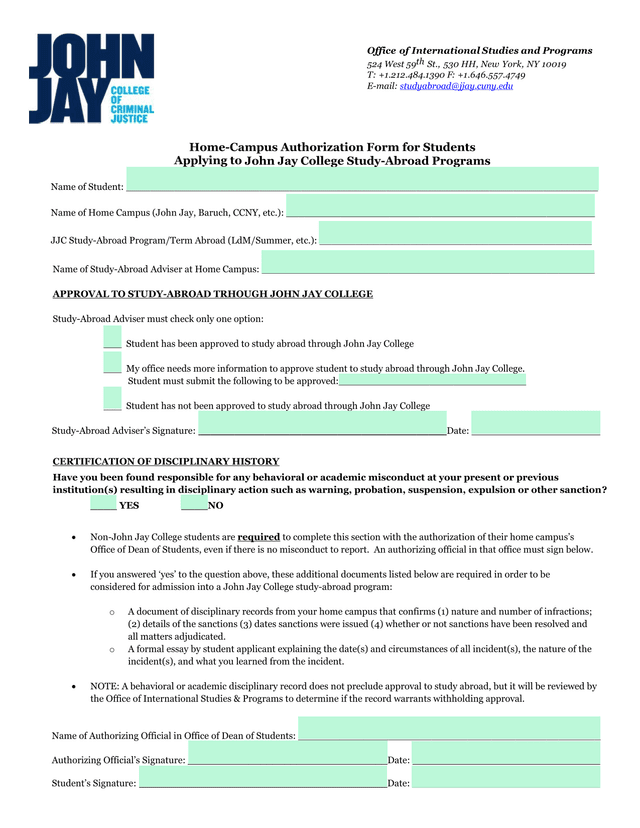 Home Campus Authorization Form For Students Applying To John Jay College Study Abroad Programs screenshot