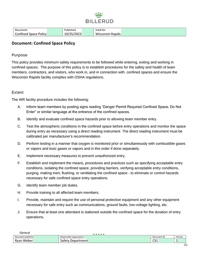 Confined Space Policy screenshot