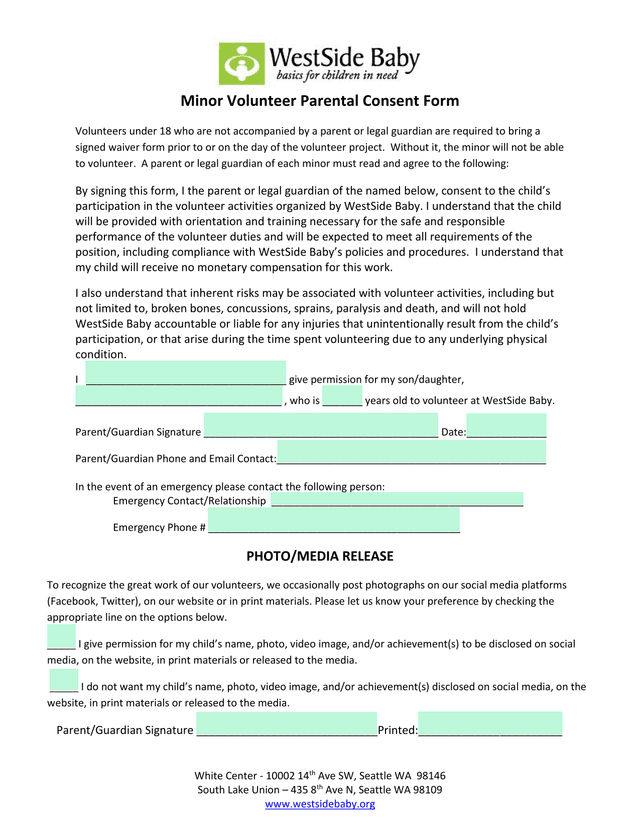 Minor Volunteer Parental Consent Form screenshot