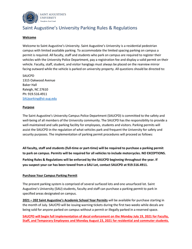 Saint AugustineS University Parking Rules  Regulations screenshot