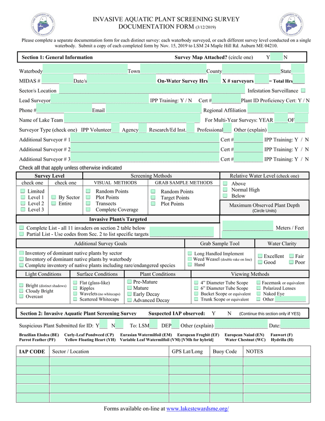 Invasive Aquatic Plant Screening Survey Documentation Form screenshot