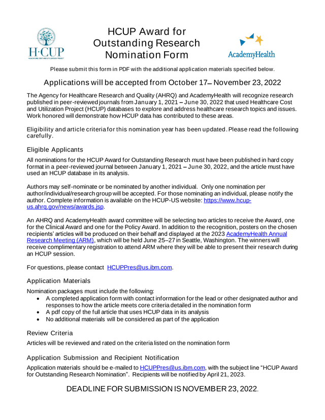 HCUP Award For Outstanding Research Nomination Form screenshot