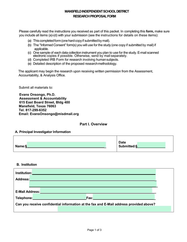 Mansfield Independent School District Research Proposal Form screenshot