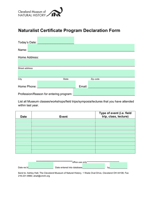 Naturalist Certificate Program Declaration Form screenshot