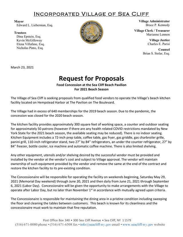Request For Proposals Food Concession At Sea Cliff Beach Pavilion screenshot