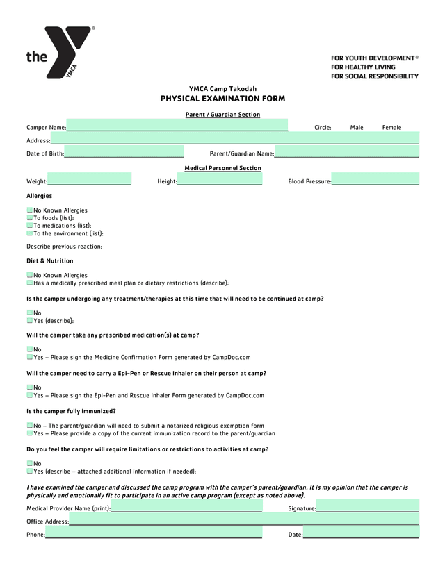 YMCA Camp Takodah PHYSICAL EXAMINATION FORM screenshot