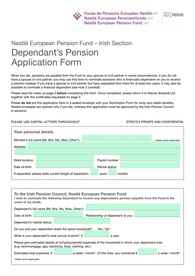 DependantS Pension Application Form screenshot