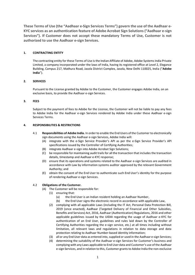 Aadhaar E Sign Services Terms screenshot