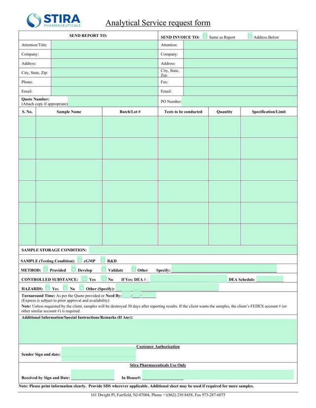Analytical Service Request Form screenshot