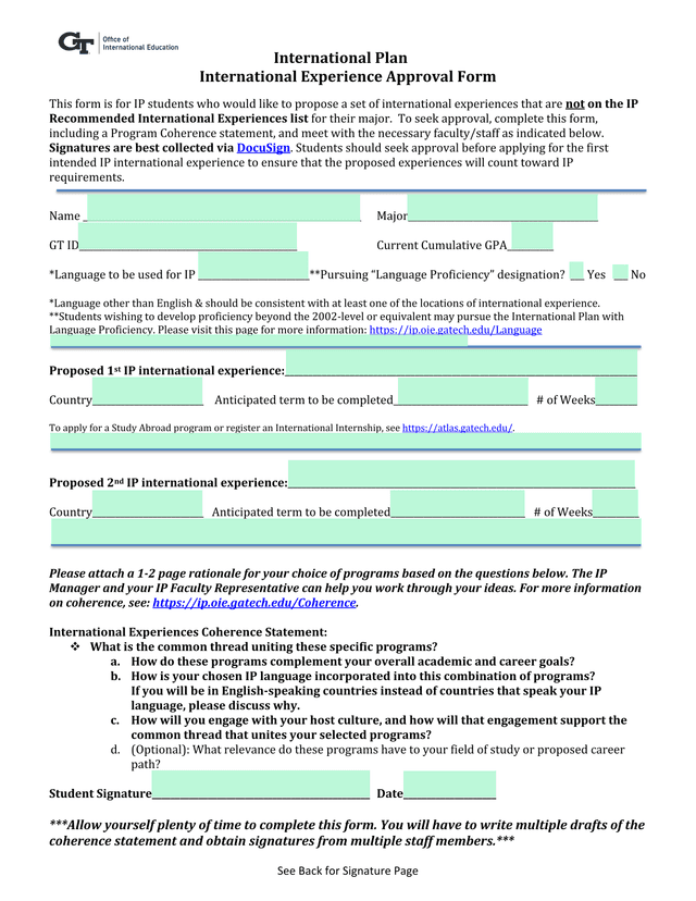 International Plan Experience Approval Form screenshot