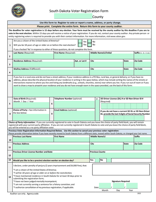 South Dakota Voter Registration Form screenshot