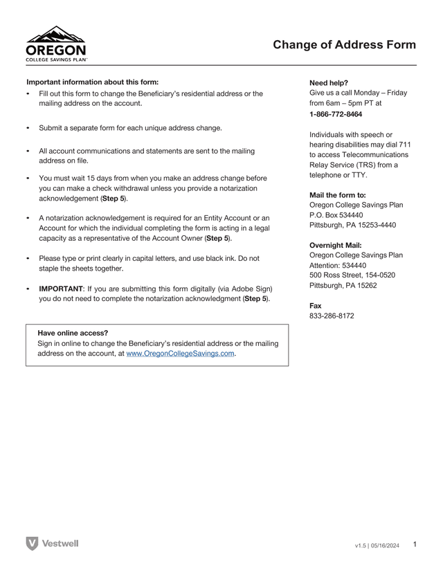 Change Of Address Form screenshot