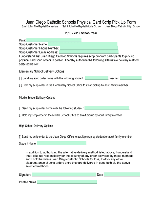 Juan Diego Catholic Schools Physical Card Scrip Pick Up Form screenshot