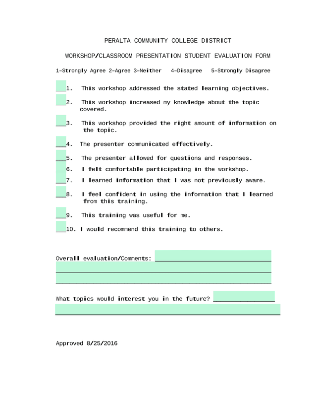 WorkshopClassroom Presentation Student Evaluation Form screenshot