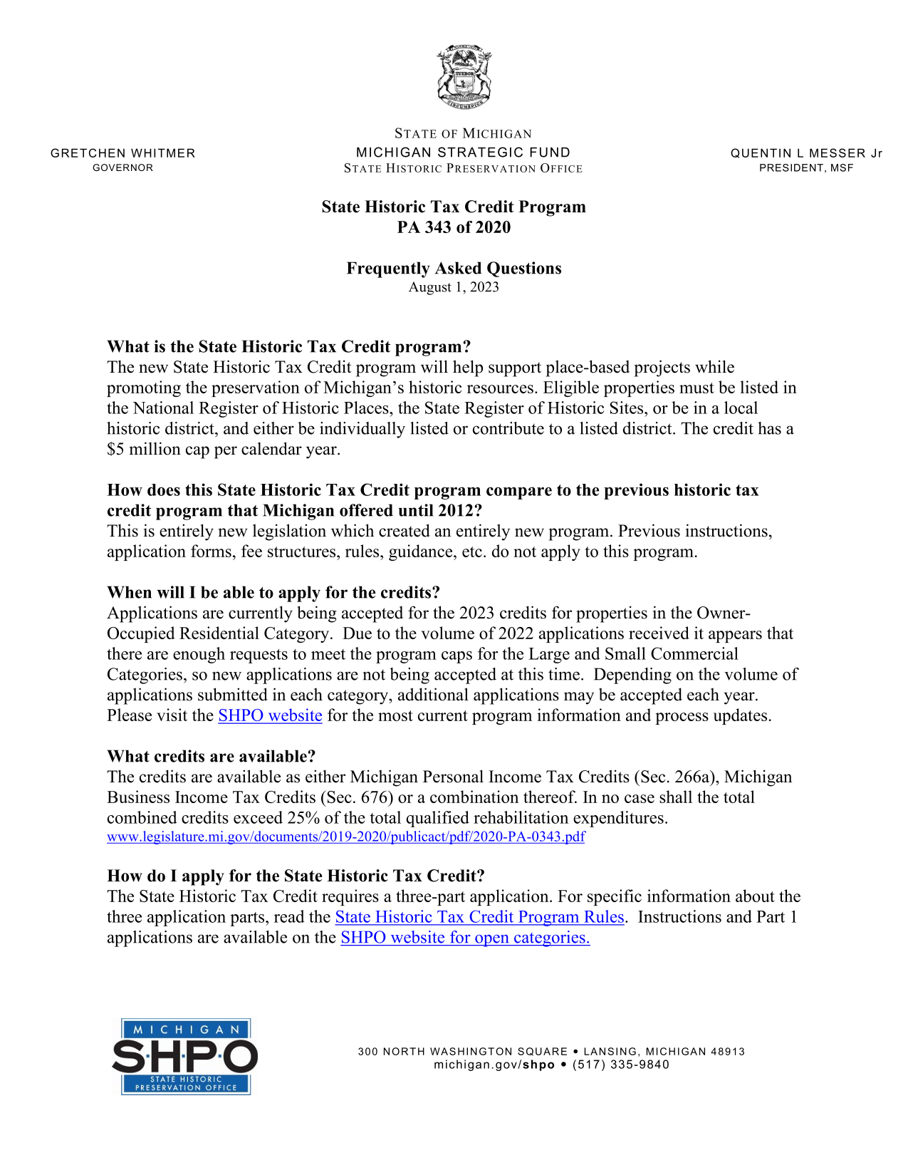 State Historic Tax Credit Program Frequently Asked Questions screenshot