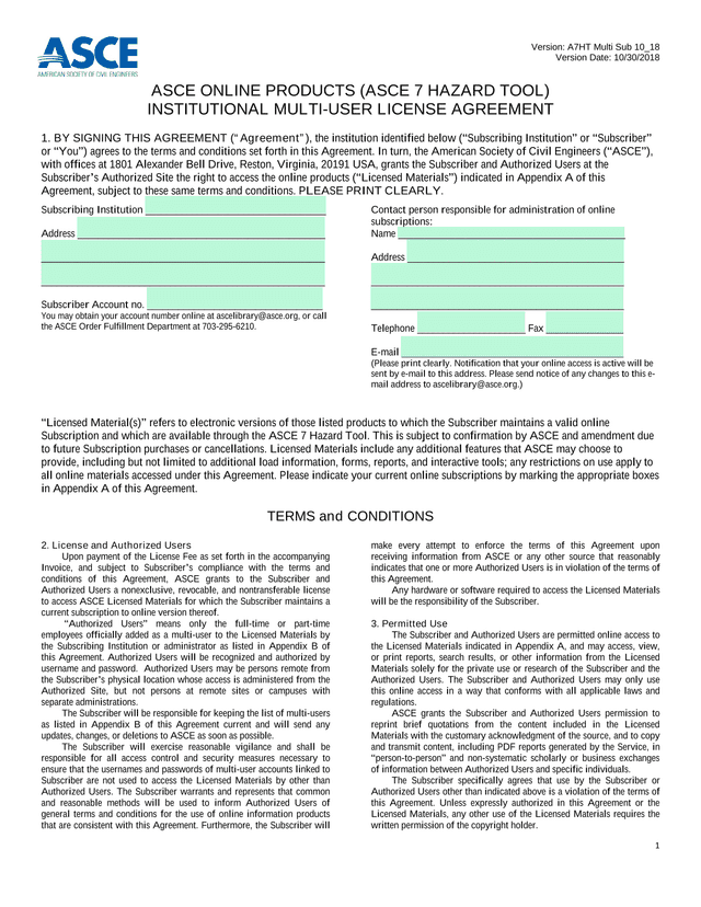 ASCE Online Products (ASCE 7 Hazard Tool) Institutional Multi User License Agreement screenshot