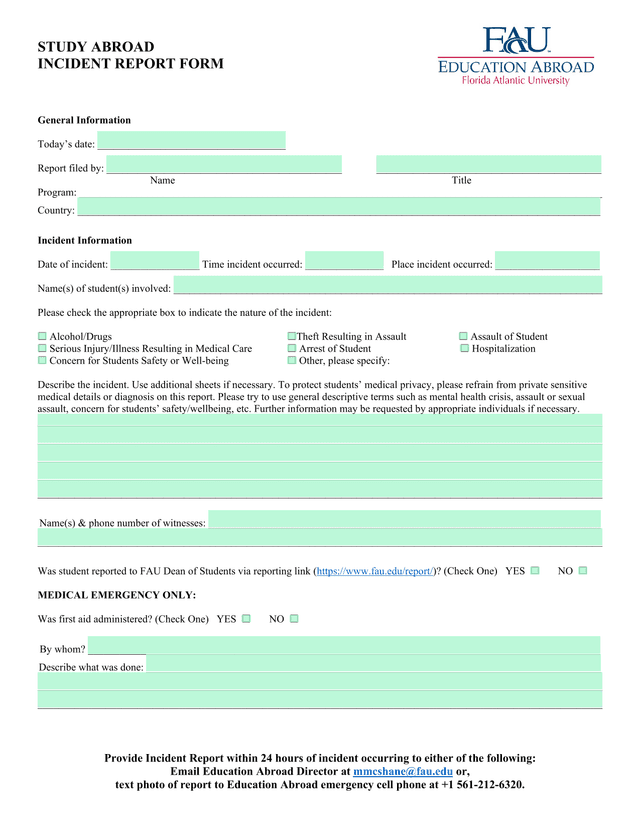 STUDY ABROAD INCIDENT REPORT FORM screenshot