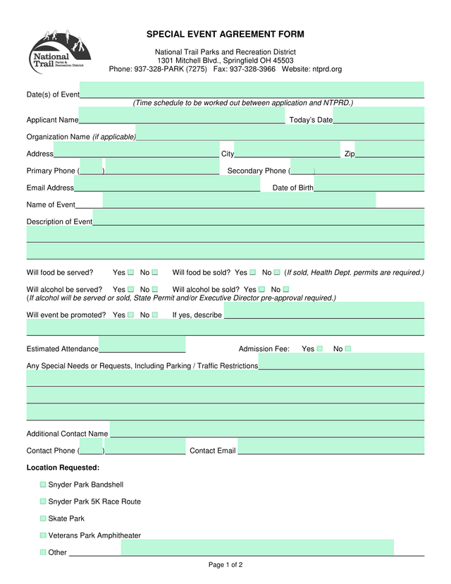 SPECIAL EVENT AGREEMENT FORM screenshot