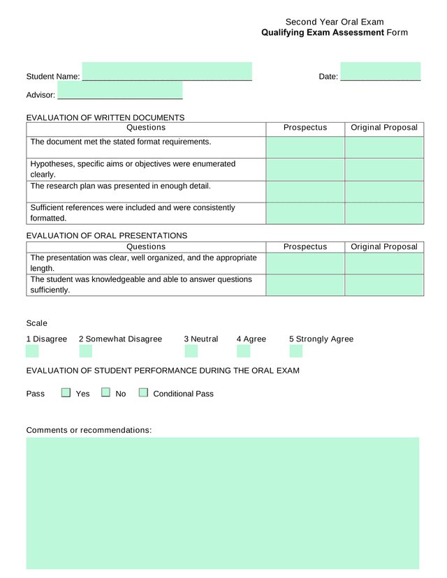Second Year Oral Exam Qualifying Exam Assessment Form screenshot