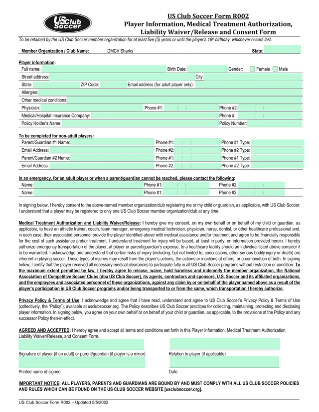 US Club Soccer Form R002 screenshot