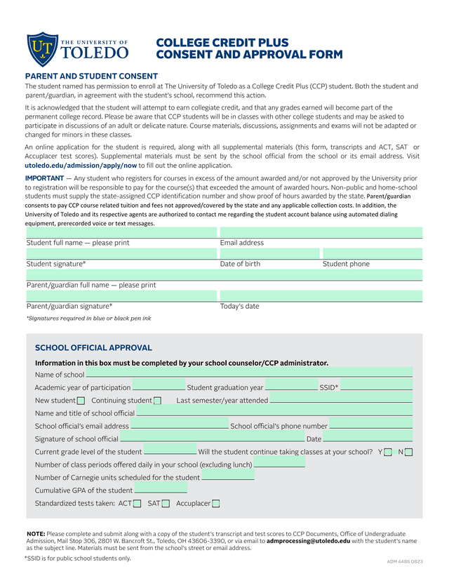 College Credit Plus Consent And Approval Form screenshot