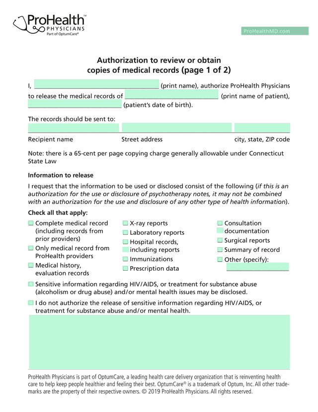 Authorization To Review Or Obtain Copies Of Medical Records screenshot