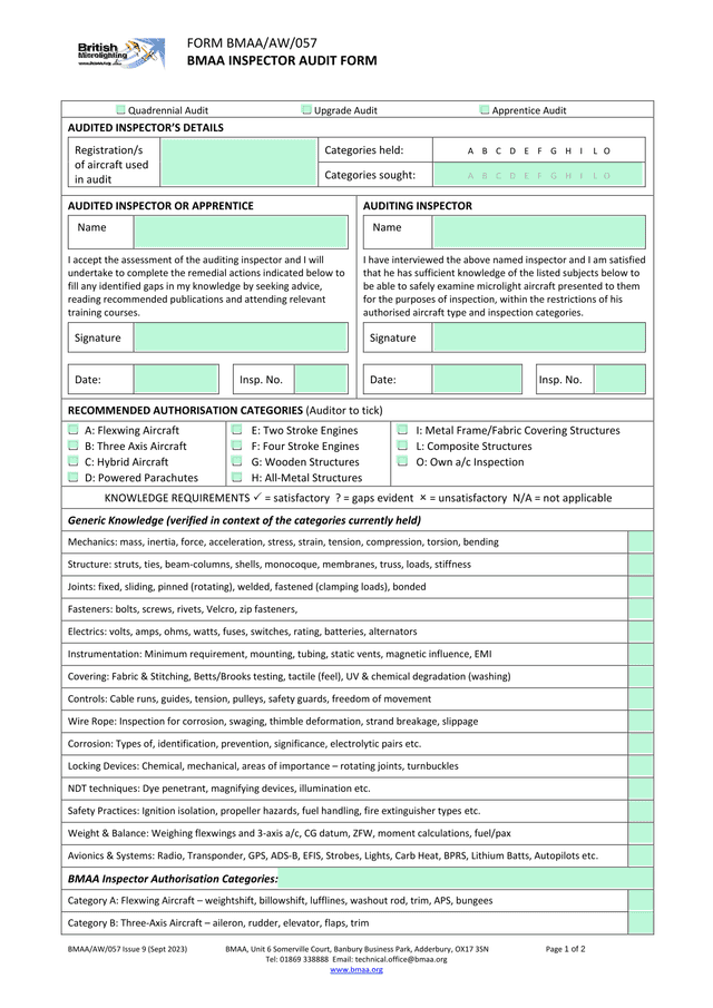 BMAA Inspector Audit Form screenshot