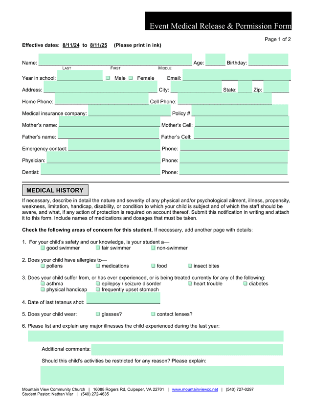 Event Medical Release  Permission Form screenshot