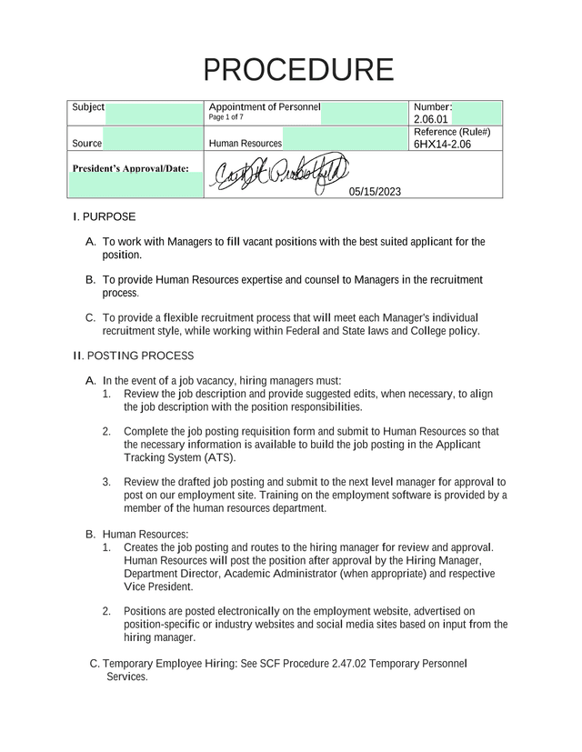 Procedure 2.06.01 Appointment Of Personnel screenshot