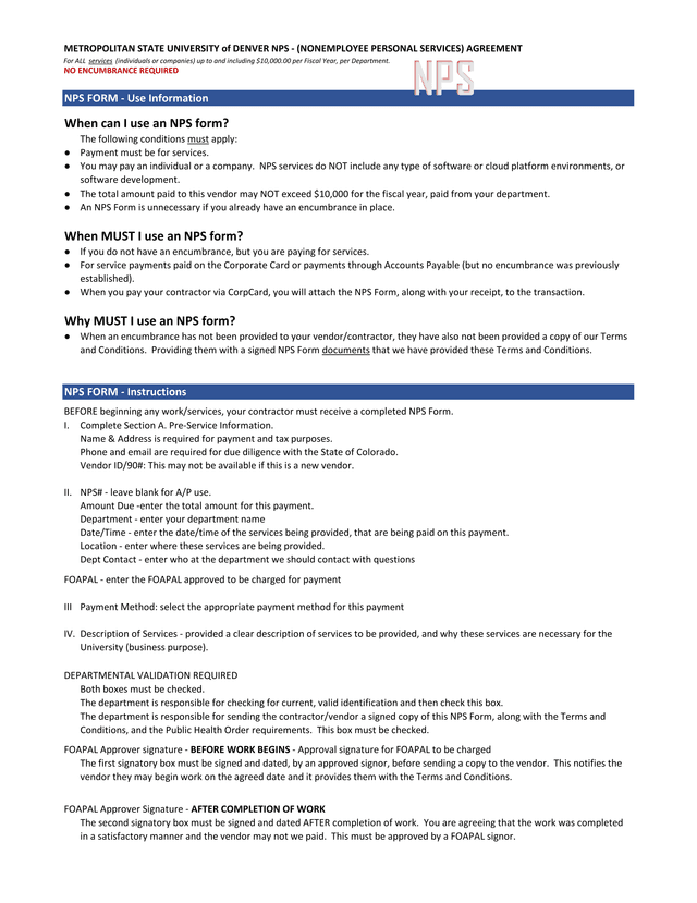 NPS Form   Use Information screenshot