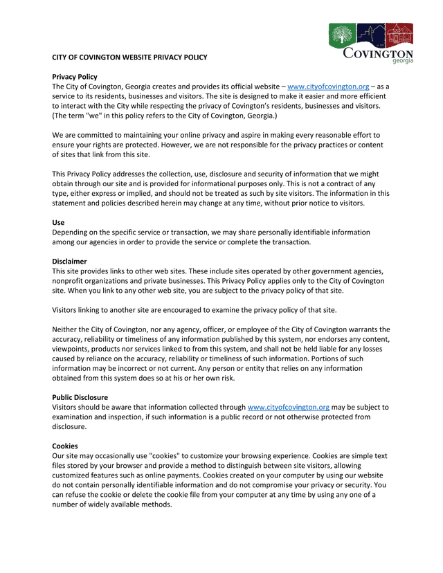 City Of Covington Website Privacy Policy screenshot