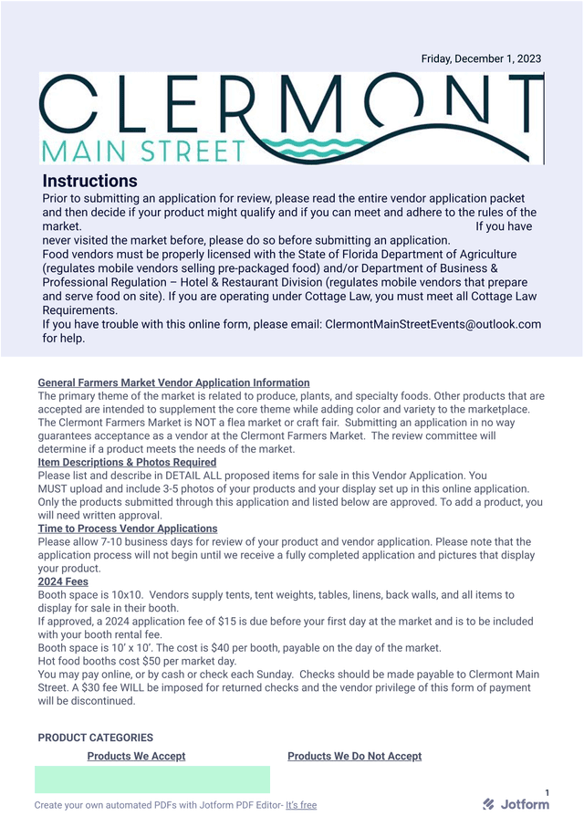 Clermont Farmers Market Vendor Application screenshot