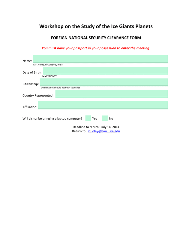 Foreign National Security Clearance Form screenshot