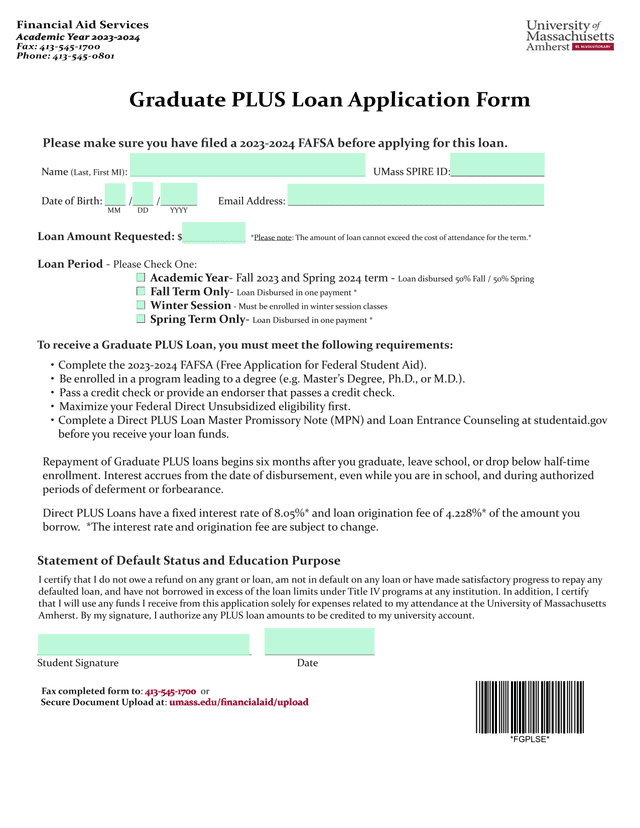 Graduate PLUS Loan Application Form screenshot