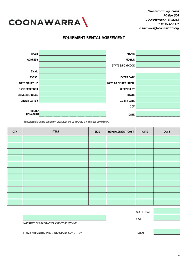 Equipment Rental Agreement screenshot