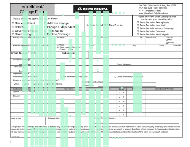 Delta Dental EnrollmentChange Form screenshot