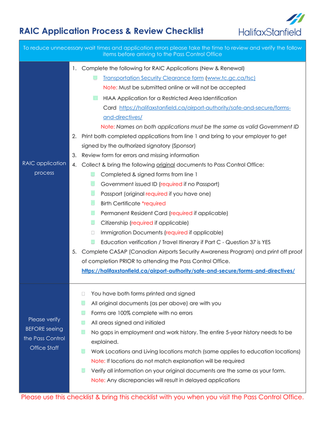 RAIC Application Process  Review Checklist screenshot