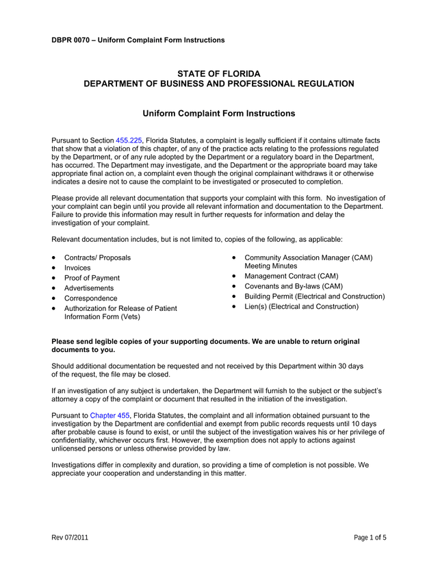 DBPR 0070  Uniform Complaint Form Instructions screenshot