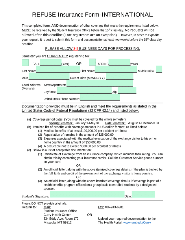REFUSE Insurance Form INTERNATIONAL screenshot